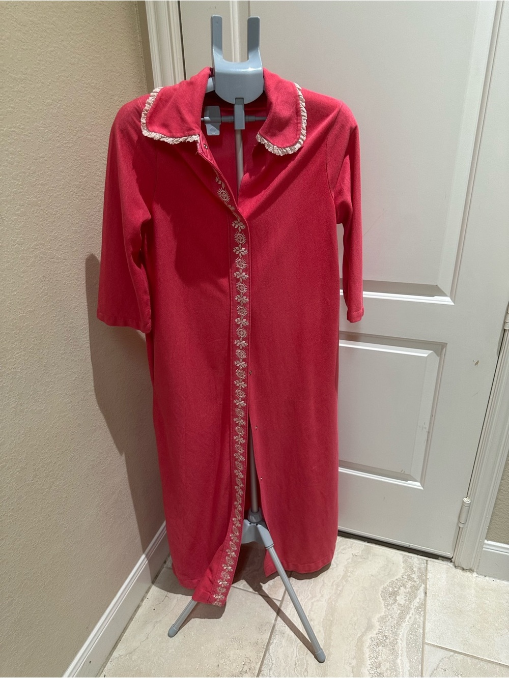 Women's Red Long Button-Front Coat with Decorative Trim
